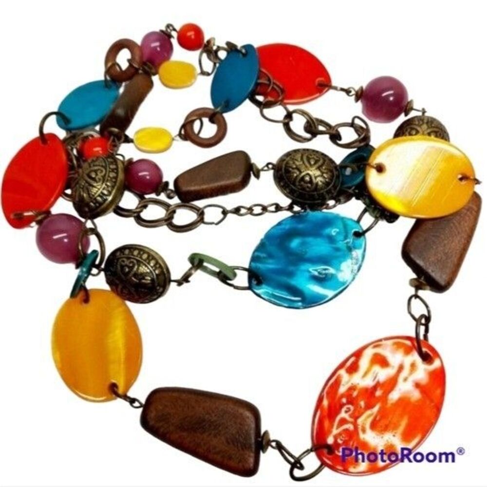 24" Statement Necklace Wood Plastic & metal Beads Multi Color texture